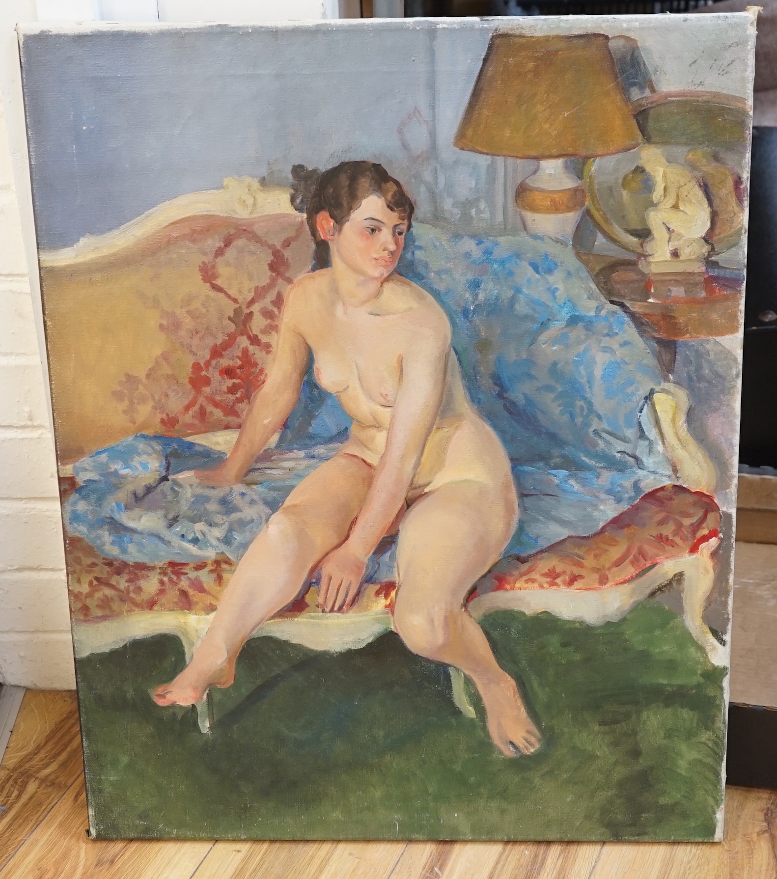 Dorothy King (1907-1990), oil on canvas, Seated female nude, inscribed verso ex. Studio, 71 x 56cm, unframed